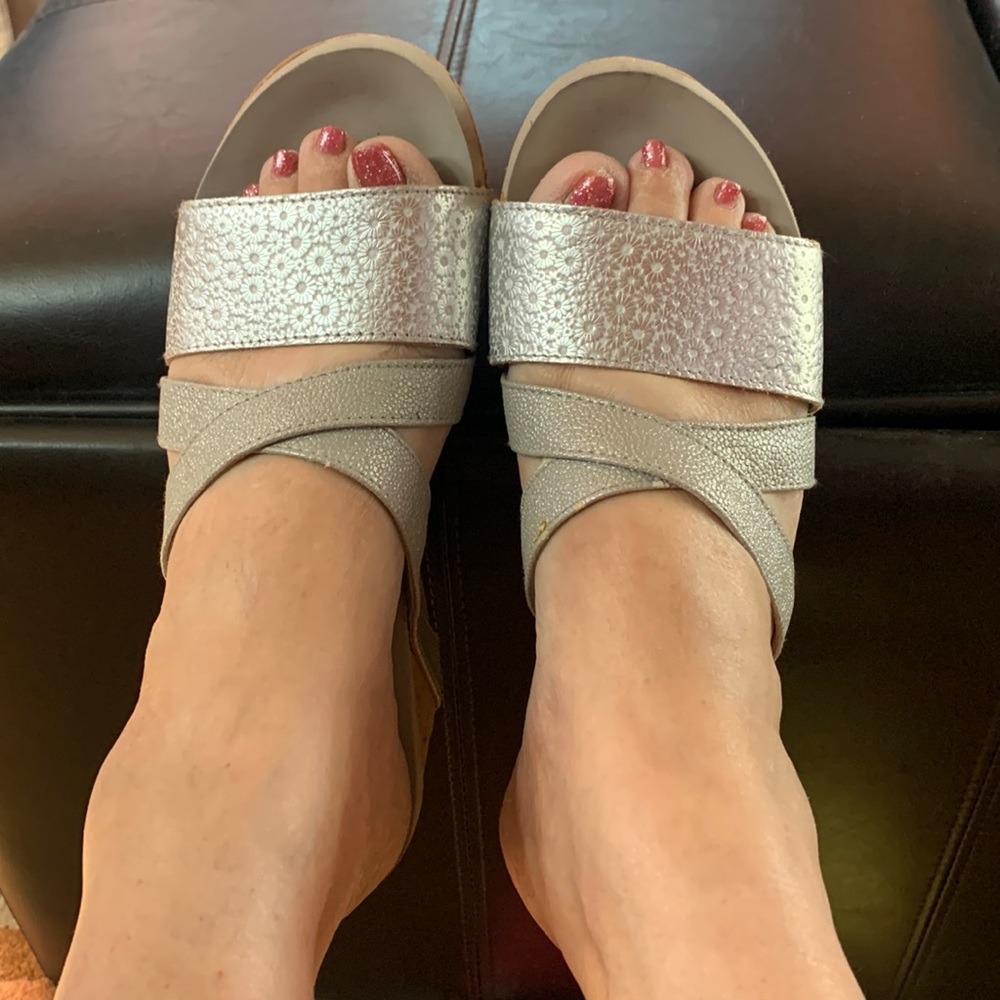 Silver Platform Cork Wedge Strappy Sandals